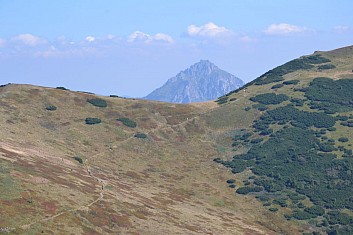 Nad sedlem se rýsuje skalnatý vrchol Velkého Rozsutce (IČ)